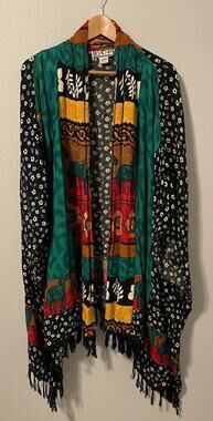 VTG BOP Kimono Womens 5X Multicolor Floral Animal Beaded Fringe Safari Boho 90s
